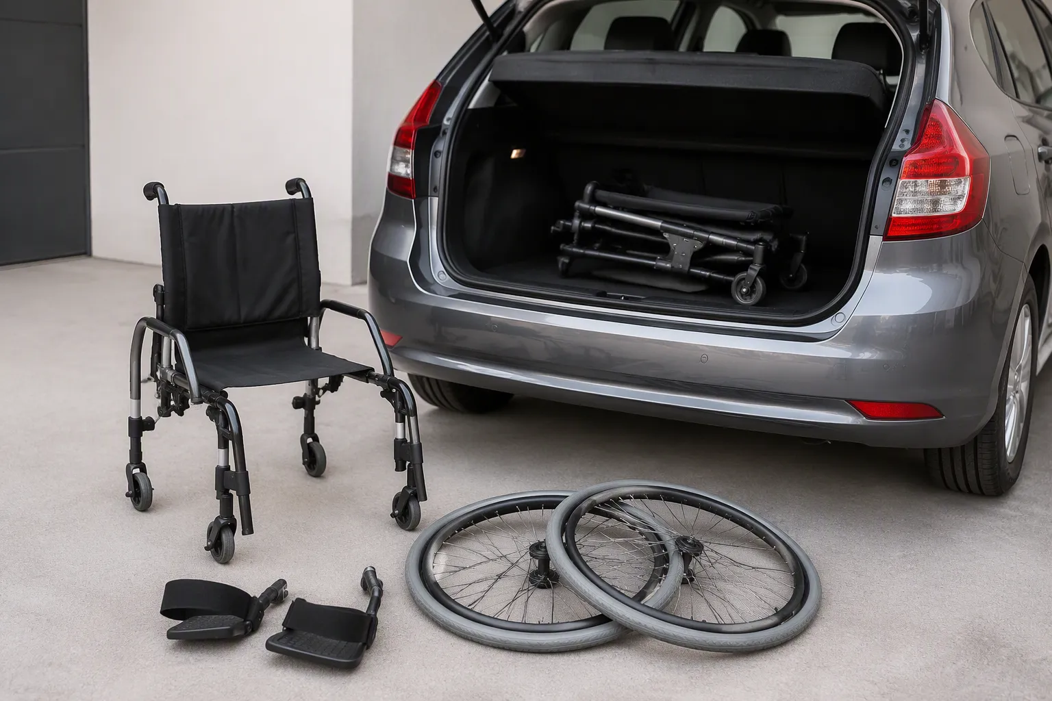 Which wheelchair parts should come off first when loading it into a small car?