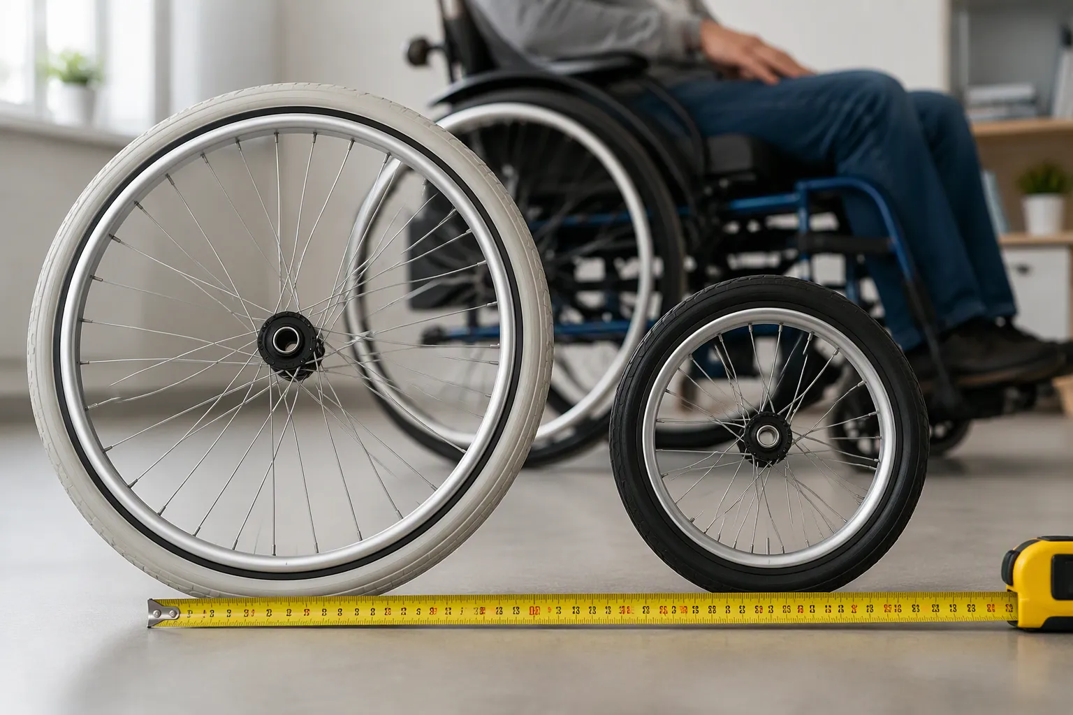 What wheelchair tire sizes are common, and what changes when I choose a smaller rear wheel?