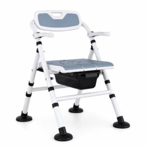 White-background view 3 showing a Vatocare bedside commode chair with daily-use setup for safer toileting support