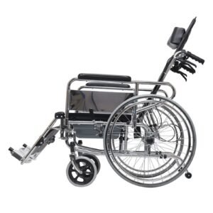 Vatocare manual wheelchair shown in primary product view, featuring daily-use setup for attendant-assisted transport