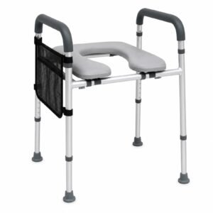 Vatocare bedside commode chair white-background view 2, designed with clear functional design for stable seated toileting
