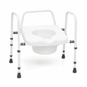Vatocare bedside commode chair, white-background view 2, with daily-use setup for safer toileting support