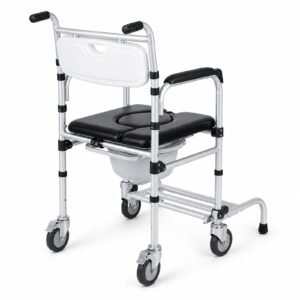 Vatocare bedside commode chair white-background view 3, designed with user-friendly details for safer toileting support