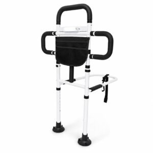 Vatocare adjustable bed safety rail angled view 2, designed with easy-care construction for adjustable bedside assistance