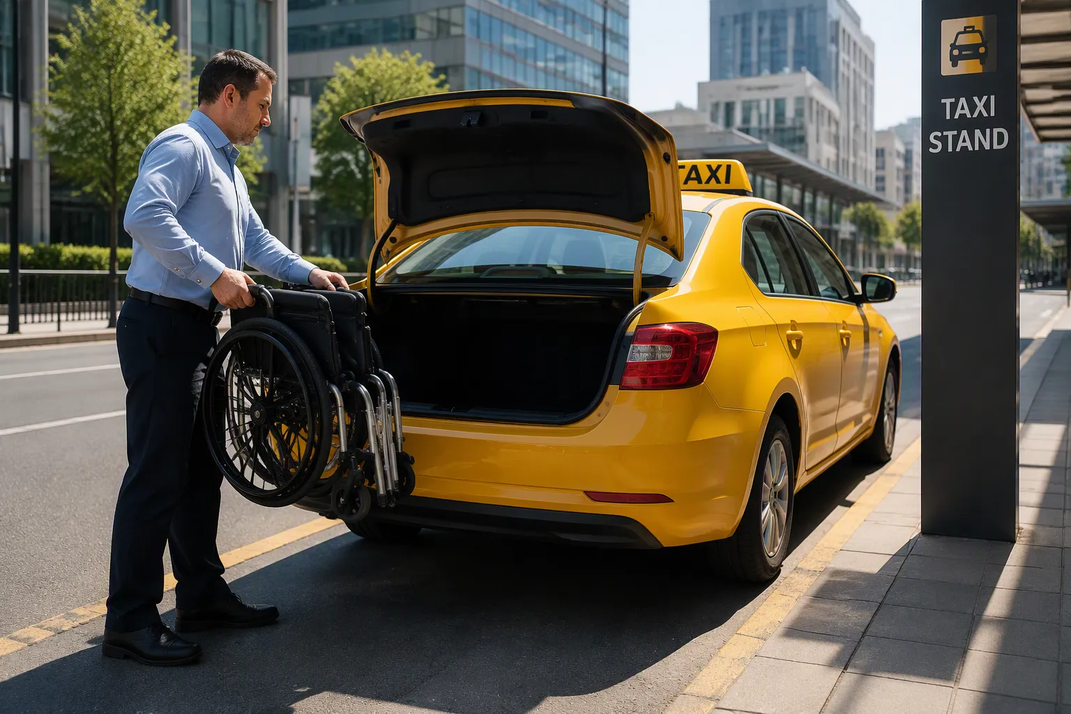 Can I take a folding wheelchair in a taxi without removing the wheels?